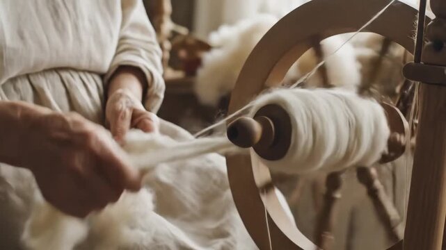 Closeup of a persons hands skillfully operating a vintage wooden spinning wheel transforming raw wool into fine thread in a rustic traditional setting.
