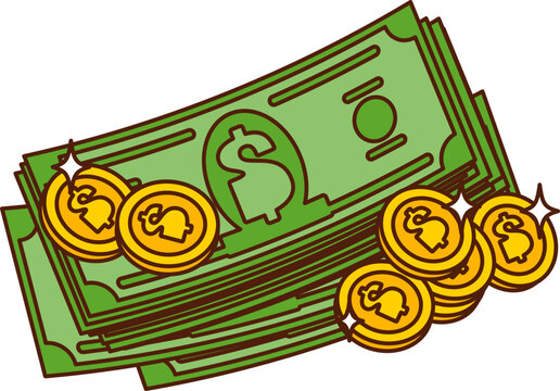 Cartoon groovy stack of green dollar banknotes with shiny gold coins. Vector retro cash and money symbols, comic hippie y2k isolated gambling and finance, payment, income, jackpot, casino win currency
