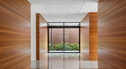 Modern office corridor with wooden walls and glass door leading to lush greenery