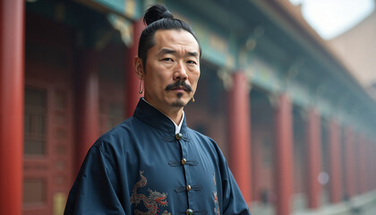 Fototapeta premium Asian man in traditional clothing standing confidently in ancient courtyard 