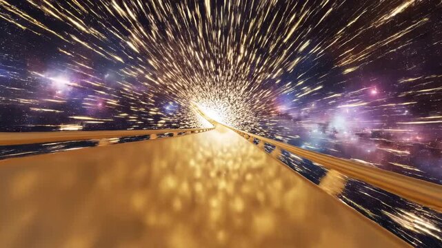 Thrilling roller coaster ride through a vibrant cosmic nebula with streaks of light and sparkling particles creating a sense of speed and wonder.