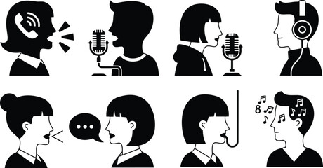Fototapeta premium Minimalist black silhouette podcast icons set showing side profiles speaking and listening with microphones headphones speech bubbles and recording gestures in flat vector art close up