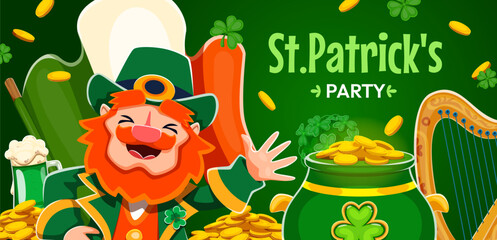 Fototapeta premium St Patrick's Day party flyer for Irish holiday fest with leprechaun and golden coins, vector invitation. Saint Patrick's party flyer with happy smiling leprechaun, Ireland flag and green beer mug