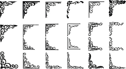 Ornamental corner vector art set close up decorative flourishes for vintage frame border in black and white high contrast isolated elements for graphic design mockup collection