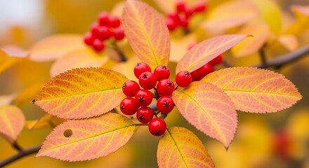 Vibrant red berries amidst yellow leaves on a branch in autumn season