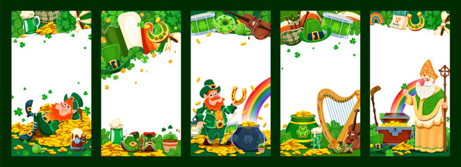 Happy St Patrick Day social media posts and photo frames, vector templates Funny leprechaun on gold coins, Paddy character with shamrock clovers and horseshoe for Saint Patrick social media greeting © Seavector