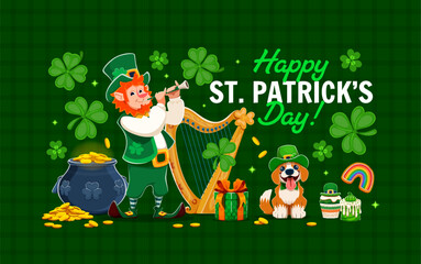 Cartoon leprechaun and funny dog in green hat for Happy Saint Patrick's Day, vector greeting card. Leprechaun playing flute with Celtic harp, shamrock clover and rainbow cookie for St Patrick greeting © Seavector