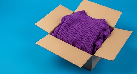 Purple knitted sweater carefully packed in cardboard box on blue background