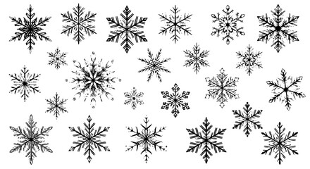 Snowflakes set with intricate designs and patterns on white background featuring snowflake, winter, frost with cold and