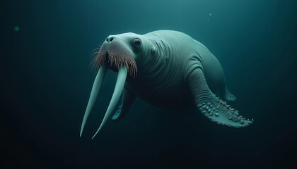 Fototapeta premium Walrus swimming gracefully underwater in dark ocean environment 