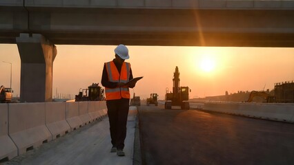 Silhouette of a Construction Worker Using a Digital Tablet on a Highway Site at Sunset with Heavy Machinery