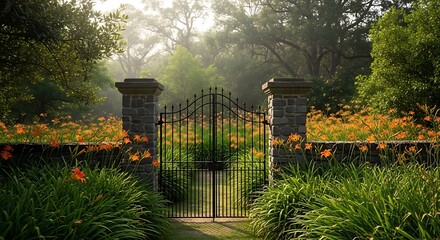 Serene garden entrance with beautiful flowers and lush greenery surrounding the gate