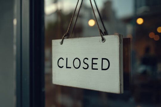 A white closed sign hangs on a glass storefront door with a blurred background.