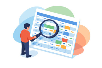 Man Inspecting Spreadsheet Data with Magnifying Glass.