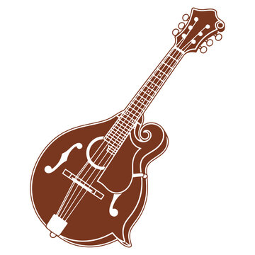 Illustration of a brown mandolin stringed instrument evoking folk and bluegrass music tradition and a vintage feel