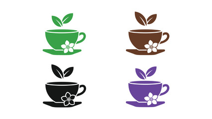 Obraz premium Colorful tea cups with floral decorations and green leaves on top