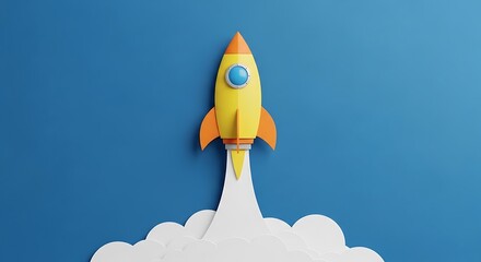 The bright yellow rocket ship is launching into the clear blue sky with great momentum and speed