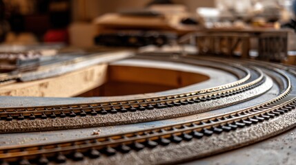 Intricate Model Train Tracks on a Hobbyist's Layout Showcasing Detailed Craftsmanship and Dedication to the Hobby