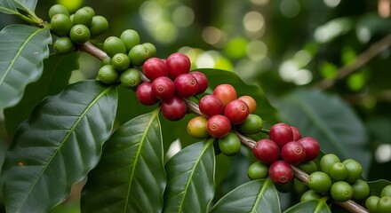 Coffee plant with ripe and unripe coffee cherries on branches in the coffee plantation