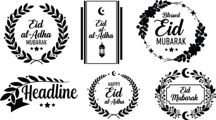 Obraz premium Minimalist black eid wreath badges and frames set with crescent lantern floral elements for eid al adha greetings stacked mockup view close up flat vector art