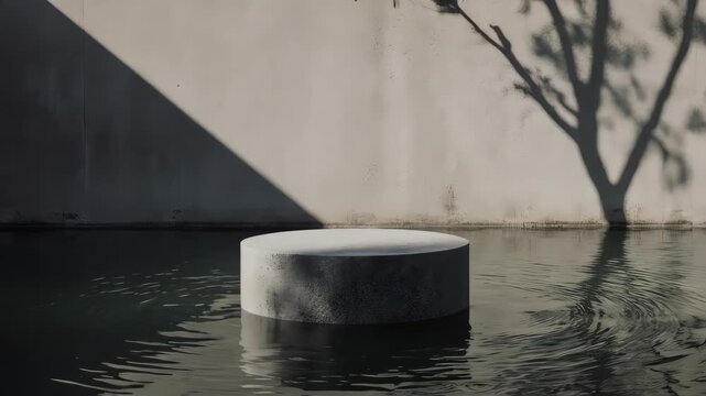 A sleek, circular grey basalt stone podium sitting in the center of a calm water pond. Soft ripples moving outward. Background is a minimalist concrete wall with a branch shadow casting over it. 