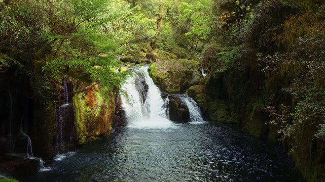 Kikuchi Gorge Waterfall in Autumn, Smooth Flowing River, Cinematic B-Roll Footage
