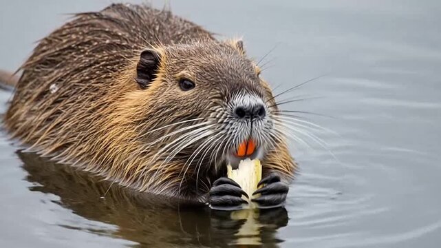 A nutria, also known as coypu, eating vegetation while swimming in calm water, with its food held in paws.