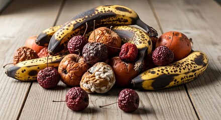 A colorful medley of fresh fruits arranged on a rustic wooden table creating a visually appealing display