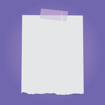 Vector realistic piece of paper with torn edge and shadow, on violet background. Easy customizable to transparent background, or any other color.