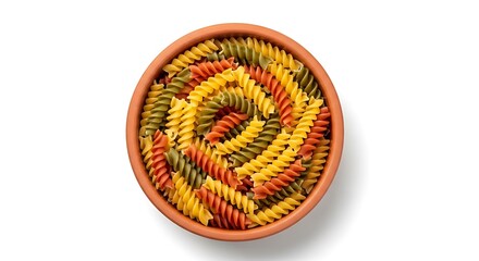 Vibrant spiral pattern in a beautifully crafted terracotta basket with colorful threads
