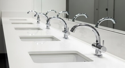 Modern bathroom sinks with silver faucets installed in a row in a clean and minimalist bathroom setting