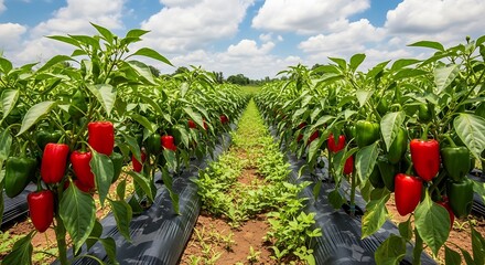 Lush red bell pepper plants growing in a fertile agricultural field under clear blue sky