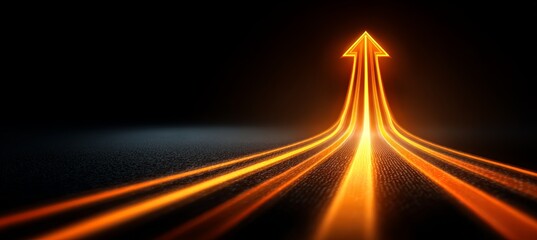 Glowing orange arrow upward. Success business investment target money return. Generative AI technology. 