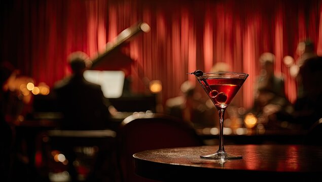 Elegant Red Cocktail on Table in Dimly Lit Jazz Club with Piano Player.