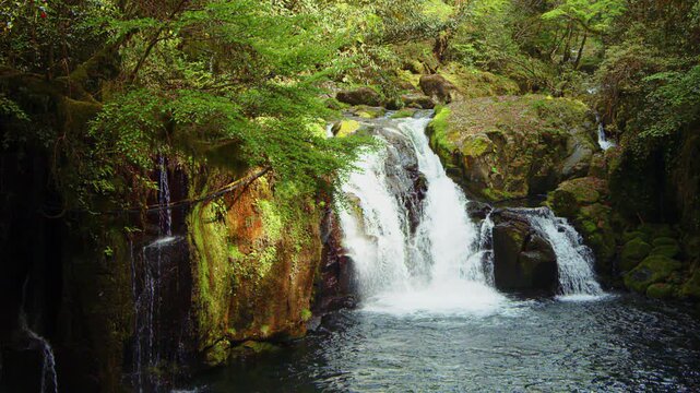 Kikuchi Gorge Waterfall in Autumn, Smooth Flowing River, Cinematic B-Roll Footage