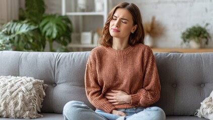 Obraz premium Young Woman Suffering from Abdominal Pain While Sitting on Sofa at Home.