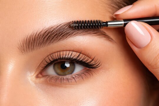 Close-up shot, female hand meticulously brushing eyebrow upward with spoolie brush during lamination process, creating perfect arch