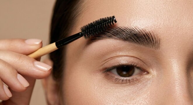Close-up shot, womans hand meticulously brushing eyebrow upward with spoolie brush during lamination process, creating perfect arch, warm skin tones