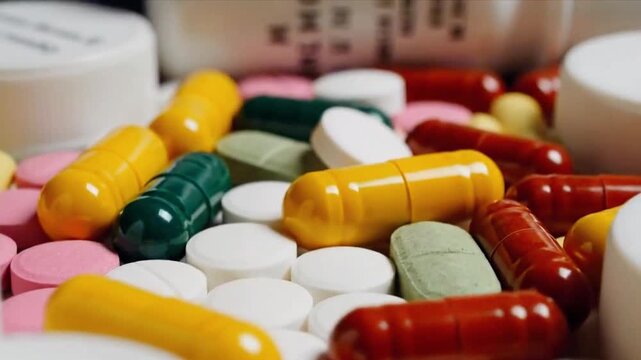 A close-up view of numerous colorful pills and capsules scattered on a surface with prescription bottles in soft focus, showcasing a variety of medications in a slowly panning clip