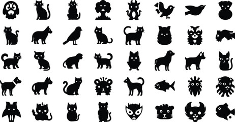Obraz premium Minimalist black animal icon set grid of cat dog bird fish lion owl and paw silhouettes in flat design close up view for interface app toolbar