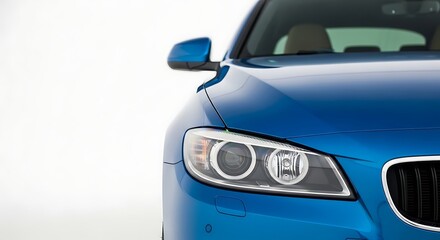 Fototapeta premium Close up of a blue car with white background showcasing its shiny front end and headlights