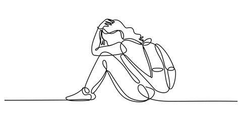 Obraz premium Continuous line drawing of sad student sitting with backpack