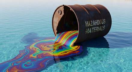 Fototapeta premium A hazardous materials barrel spilling colorful oil into clear blue water, causing pollution.