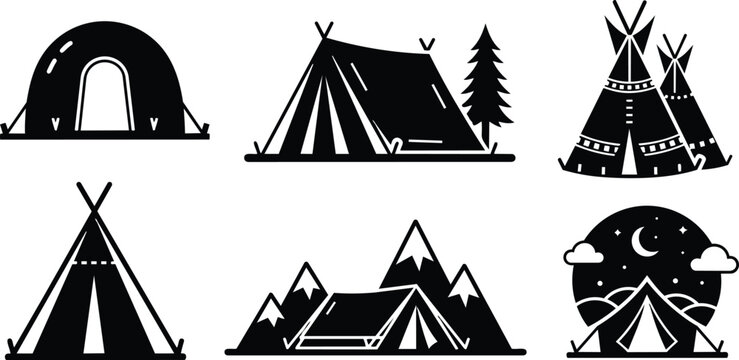 Minimalist vector camp tent icons set showing dome tent teepee canvas tent mountain campsite at night with moon stars flat graphic close up silhouette monochrome bold