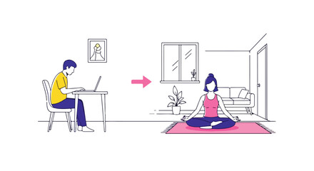 Flat 2D illustration of a man working remotely on a laptop at a desk and a woman practicing yoga on a mat in a peaceful living room, conveying a healthy work-life balance and lifestyle.