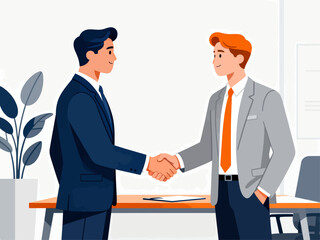 Fototapeta premium Two men shake hands across a desk. One wears a dark suit, the other a gray suit. Both smile warmly, signaling agreement. Potted plant adds soft background detail. Ideal for business, partnerships