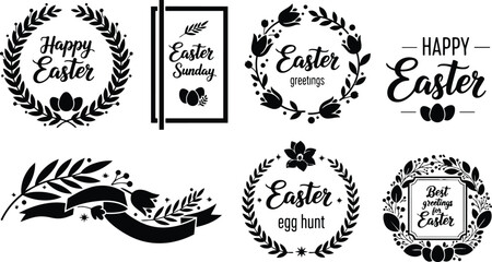 Fototapeta premium Minimalist vector wreath badges with easter lettering and eggs floral elements arranged as decorative frames for holiday greeting card mockup black silhouette simple flat design isolated