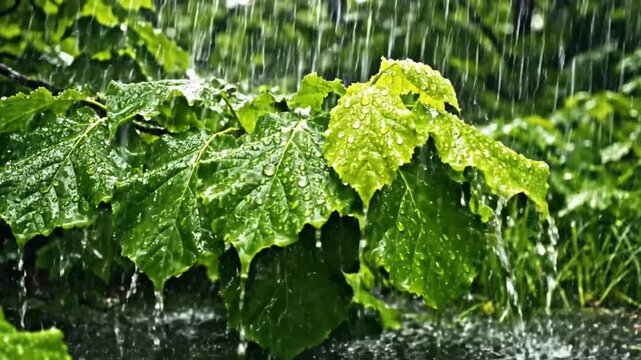 Rain falling on vibrant green leaves in the summer, water droplets create a relaxing nature scene