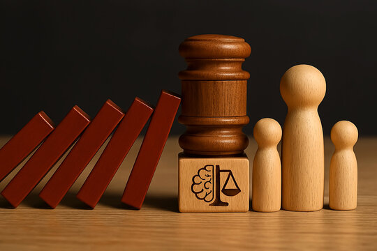 Justice and family protection concept. Legal safeguard background with gavel, engraved justice and tree block, family figurines, and falling dominoes blocked by law symbols representing social respons