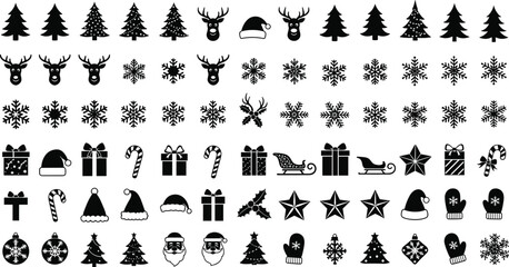 Christmas silhouette collection with pine trees snowflakes reindeer Santa hats gift boxes sleighs stars ornaments and winter holiday elements vector set © Mst